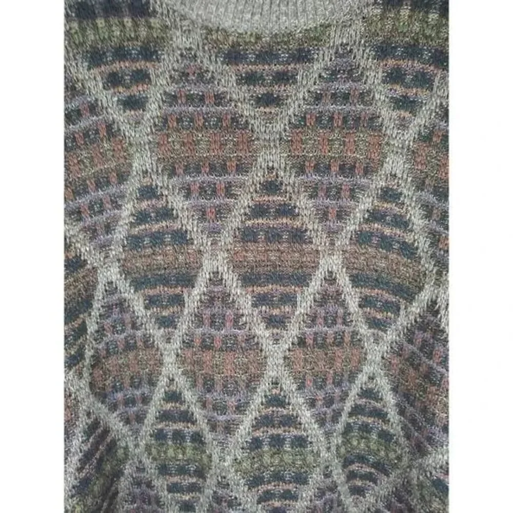 Vintage Ivy Crew Gray & Brown Diamond Print Crew Neck Grandpa Sweater Sz XL